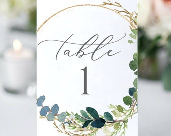 Greenery Table Numbers Cards Template, TRY before you BUY, 100% Editable Text, Instant Download, Templett, Printable Wedding Table Number