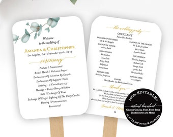 Wedding Program Fan Template, wedding program fan greenery, Ceremony Program Template, Rustic Wedding Program DIY