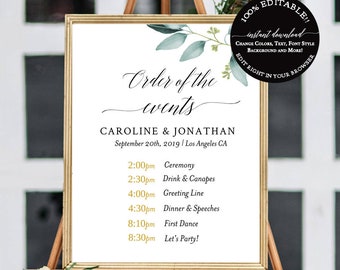 Wedding Order of Events Sign, Printable Wedding Timeline Template, Large Wedding Schedule Sign, Modern Calligraphy, Templett, Wedding, Sign