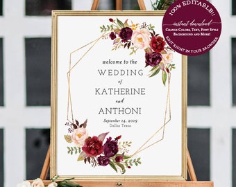 Fall Wedding Signs Template 100% Editable, Marsala Burgundy Wedding Sign, Autumn Wedding Welcome Signs Printable, Fall Welcome Signs