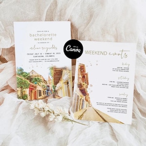 May include: Two white invitation cards with gold text and watercolor illustrations of a street scene. The cards announce a bachelorette weekend in Cartagena, Colombia, with event details and RSVP information.