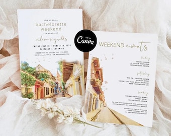 Cartagena Bachelorette Invitation Itinerary Template Editable Canva Colombia Bach Weekend Destination Party Summer Beach