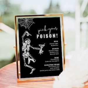 Pick Your Poison Sign, Halloween Bar Menu Template, Spooky Skeleton Bar Sign, Halloween Cocktail Menu Template, Adult Halloween Party Decor