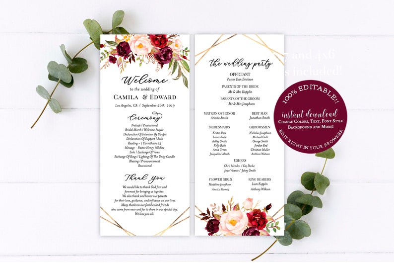 May include: Wedding ceremony program with burgundy and blush floral design. The program includes the wedding party, ceremony details, and a thank you message.