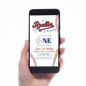 Baseball First Birthday Text Invite, Baseball Birthday Party Evite Text, Digital Rookie of the Year Invite, Boy Birthday Evite SMS Invite