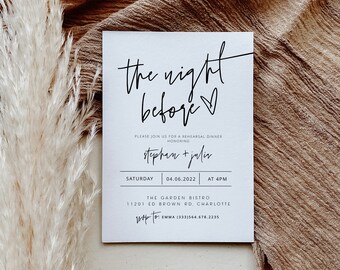 Nowoczesny szablon kolacji próbnej, zaproszenie na noc przed, zaproszenie na próbę ślubu, zaproszenie na kolację weselną boho, minimalistyczne, edytowalne