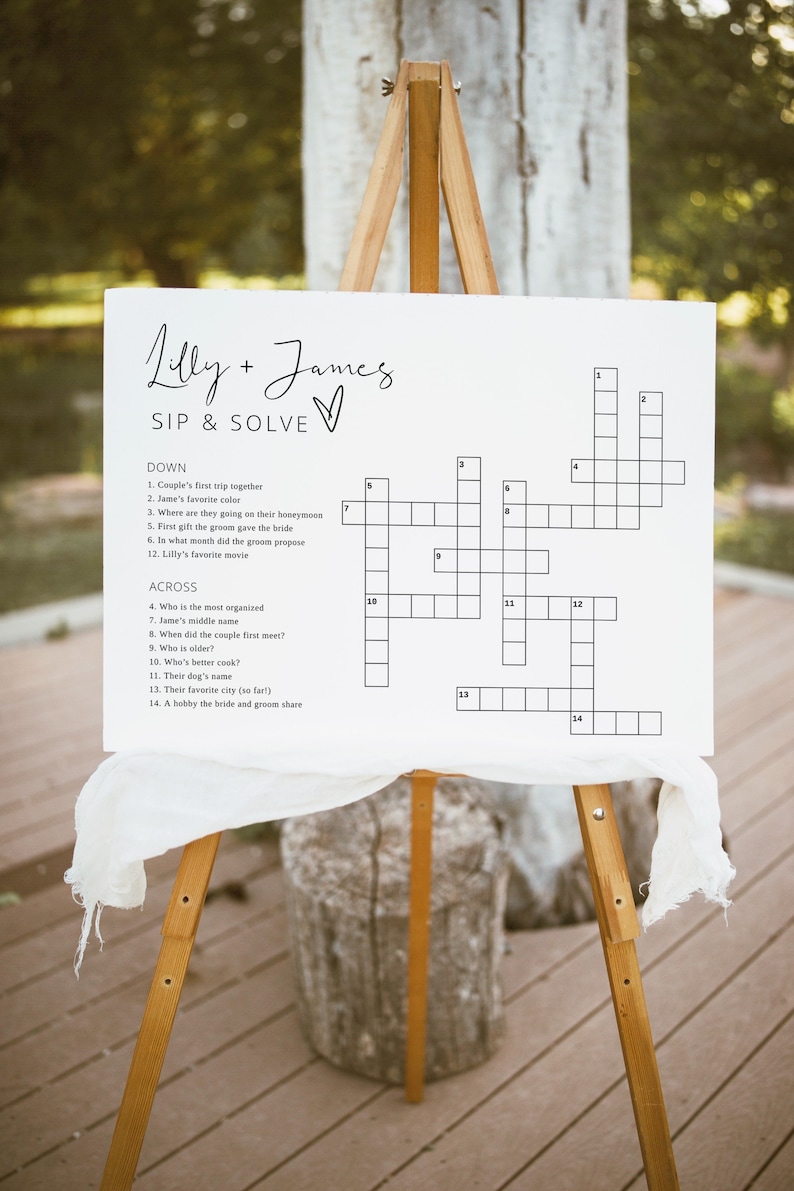 May include: A white printable wedding game with a crossword puzzle. The title of the game is "Lilly + James Sip & Solve".