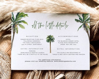 Clairo | Palm Tree Enclosure Card, Wedding Invitation Insert, Editable Details & Info, Tropical Enclosure Card, Minimalist Details Card, DIY