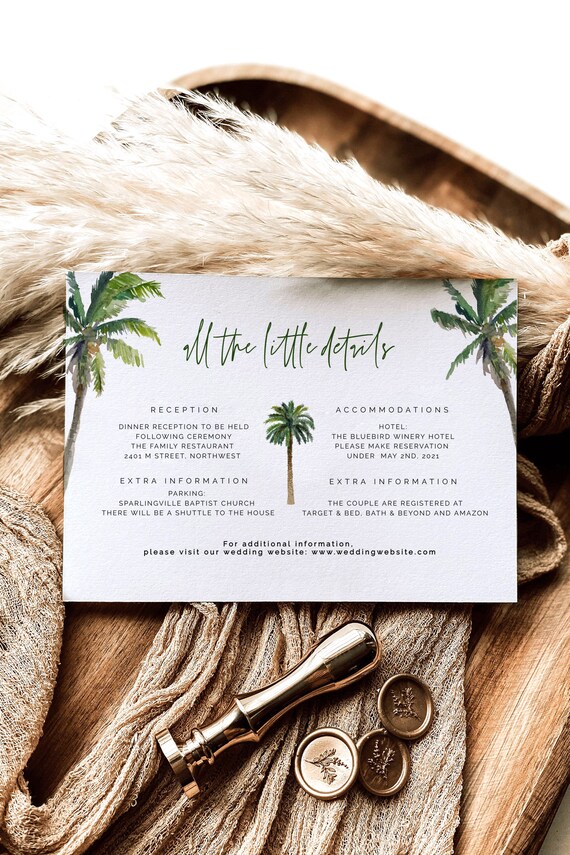 Clairo | Palm Tree Enclosure Card, Wedding Invitation Insert, Editable Details & Info, Tropical Enclosure Card, Minimalist Details Card, DIY