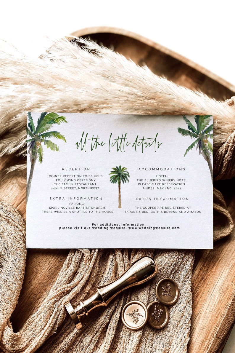 May include: A wedding invitation with a tropical theme. The invitation includes details about the reception, accommodation, and extra information. The text reads "All the little details".