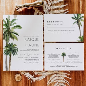 Clairo | Tropical Wedding Invitation Printable Set, Palm Tree Wedding Invitation Template Suite, Beach Wedding Invitation, Minimal Wedding