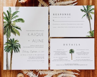 Clairo | Tropical Wedding Invitation Printable Set, Palm Tree Wedding Invitation Template Suite, Beach Wedding Invitation, Minimal Wedding