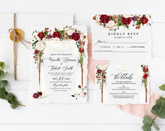 Bohemian Wedding Invitation Template, Boho Wedding Invitation - Instant Download, Editable Wedding Invitation, Watercolor, Burgundy, Floral