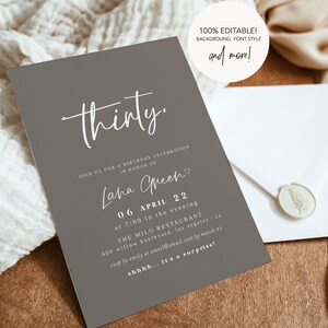 May include: A gray invitation card with white text that reads "Thirty."  The invitation is for a birthday celebration in honor of Laha Green. The event is on April 6th at 7:00 pm at The Milo Restaurant in Los Angeles, California. RSVP by March 21st.