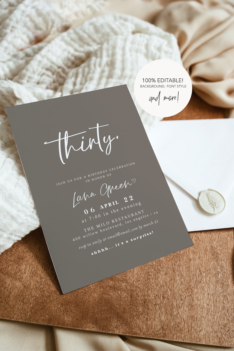 May include: A gray invitation card with white text that reads "Thirty."  The invitation is for a birthday celebration in honor of Laha Green. The event is on April 6th at 7:00 pm at The Milo Restaurant in Los Angeles, California. RSVP by March 21st.