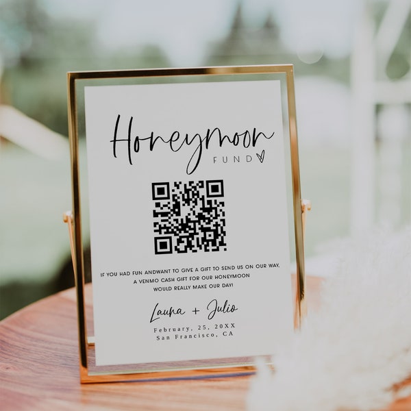 Honeymoon Fund Sign, Modern Wedding Honeymoon Fund, Venmo Honeymoon Wish, Wedding Cash Gift, Printable Honeymoon Fund QR Code, QR Code Sign
