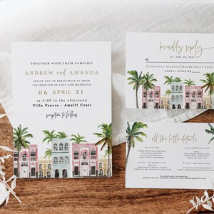 Charleston Wedding Invitation Suite, Charleston Wedding Invite, Rainbow Row Wedding Invitation, Editable Wedding Invite, Watercolor Wedding