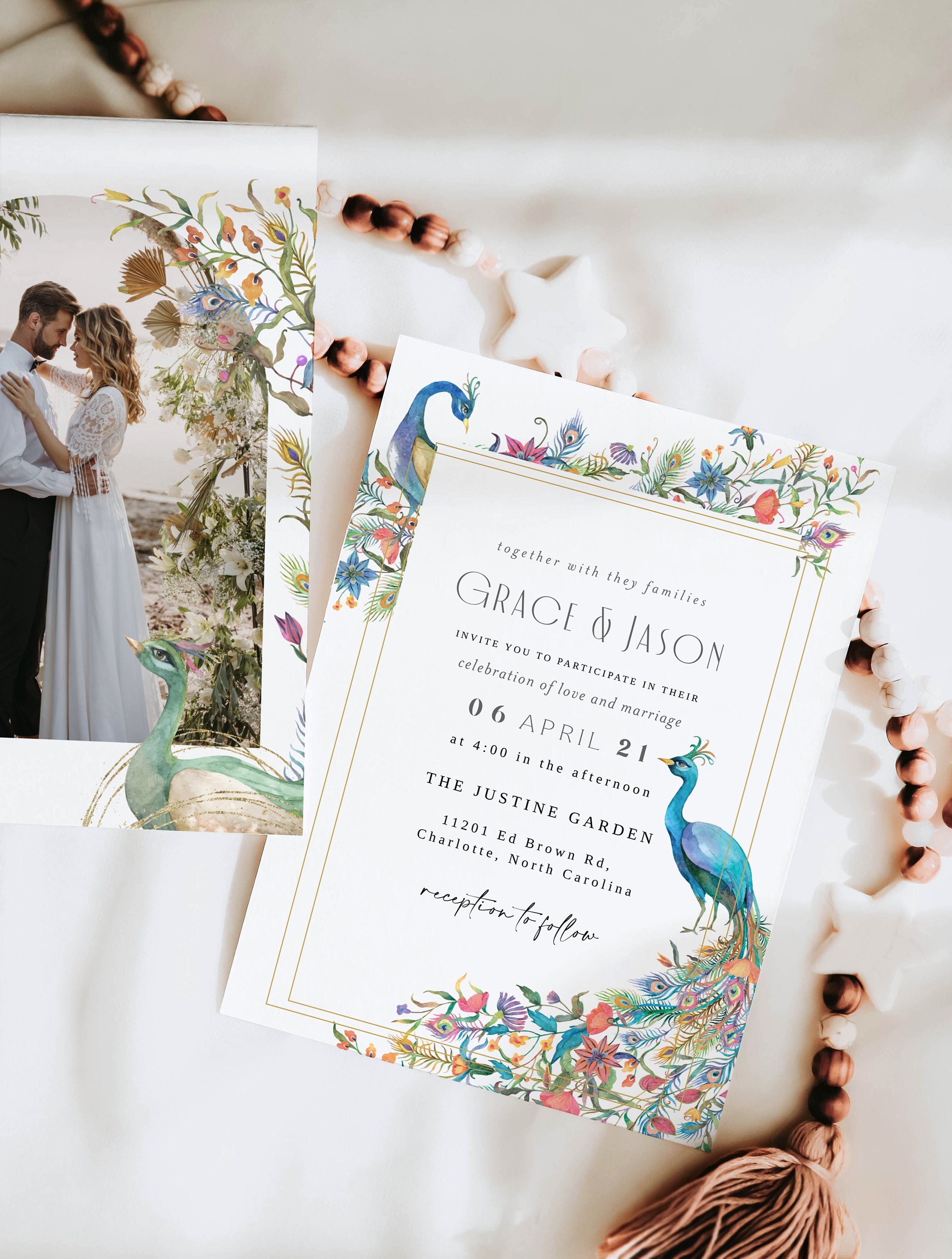 Peacock Wedding Invitation Indie Boho Wedding Invitation Bohemian Wedding Invitation Flowers Watercolor Editable Peacock