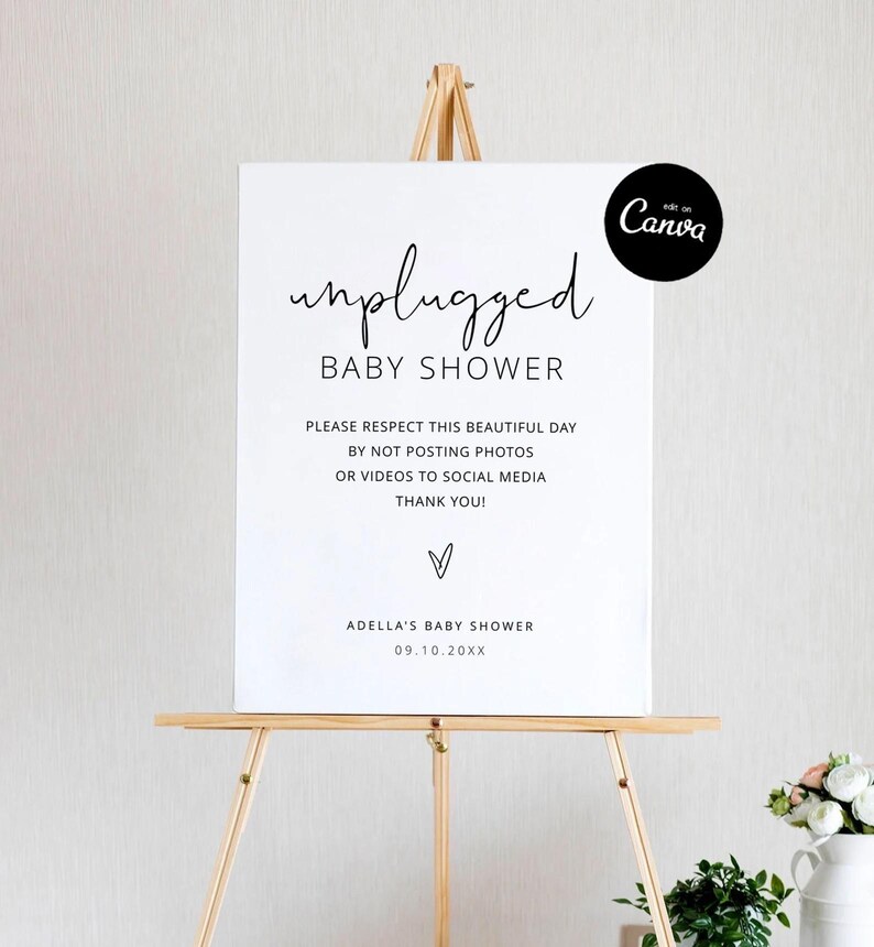 Unplugged Baby Shower Sign, No Posting To Social Media, No Sharing Photos Sign, Modern Baby Shower Signs, Unplugged Party Sign Canva