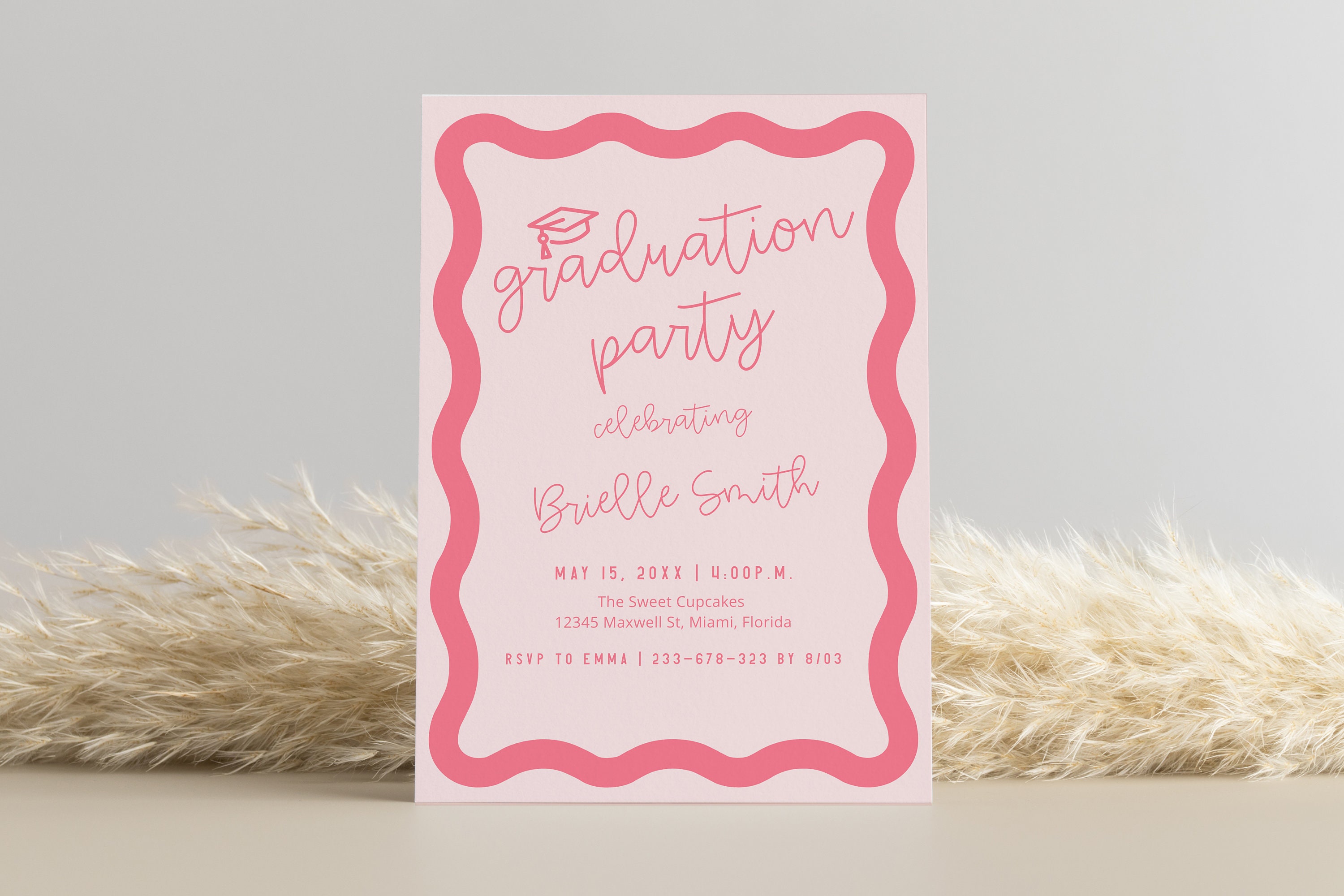 Graduation Invitation 2025, Graduation Invites Light Pink, Groovy ...