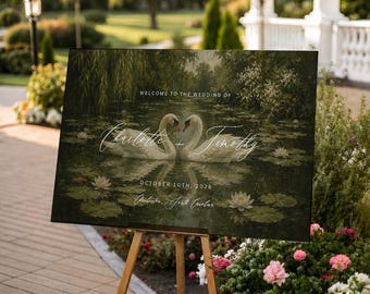 Vintage Swan Wedding Welcome Sign Template | Editable on Canva | Romantic Oil Painting Wedding Sign | Moody Elegant Wedding Decor