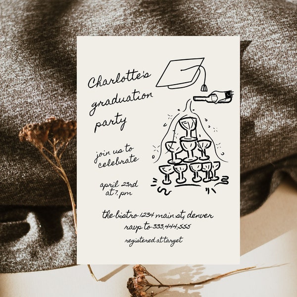 Hand Drawn Graduation Invitation, Graduation invitation 2024 template, Retro Graduation Party. Invitation, Class of 2024 Invite, Editable