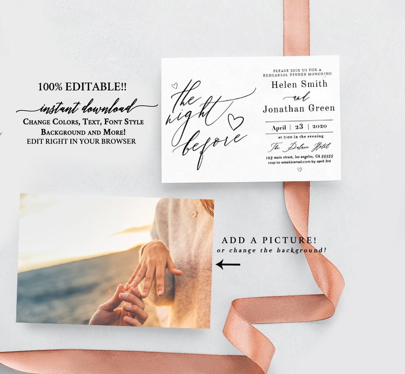 K&ouml;nnte beinhalten: Eine wei&szlig;e Einladungskarte mit dem Text "the night before" in eleganter Schrift. Die Karte enth&auml;lt Details f&uuml;r ein Probeessen, mit Namen, Datum und Veranstaltungsort. Der Text "100% EDITABLE!! instant download" ist ebenfalls enthalten.