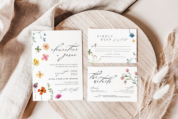 Boho Chic Wedding Invitation, Wildflower Wedding Invitation, Pressed Flowers, Midsummer Wedding, Whimsical Wedding Invite, Enchanted Wedding