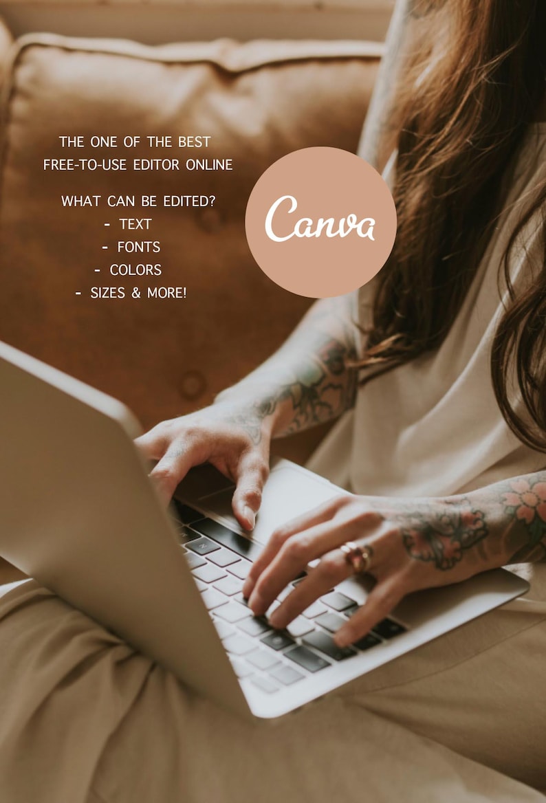 May include: A person using a laptop with the Canva logo in a brown circle. The text on the image says "THE ONE OF THE BEST FREE-TO-USE EDITOR ONLINE" and "WHAT CAN BE EDITED? - TEXT - FONTS - COLORS - SIZES & MORE!"