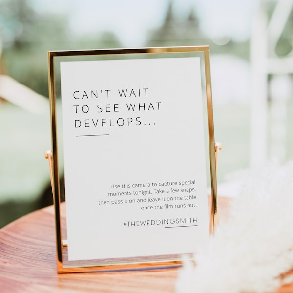 Segno di macchina fotografica usa e getta di nozze, non vedo l'ora di vedere cosa si sviluppa segno, modello minimalista segno tabella di nozze, matrimonio Polaroid segno idee