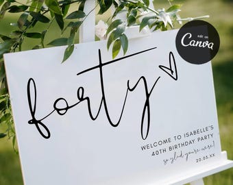 Forty Welcome Sign Template, Modern 40th Birthday Welcome Sign, Forty Party Decorations, Minimalist 40th Birthday Bash Welcome DIY