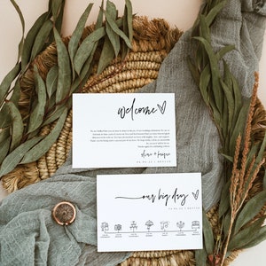 May include: A wedding welcome sign with the text "Welcome" and "Our Big Day" with a heart symbol. The sign also includes the date "04.06.22" and the location "Denver". The sign is on a woven basket with green eucalyptus leaves and a light blue fabric.