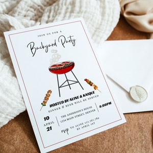 May include: A white invitation with a red border for a backyard party. The invitation features a red grill illustration, skewers, and the text "Backyard Party." Details include the date, time, and RSVP information.