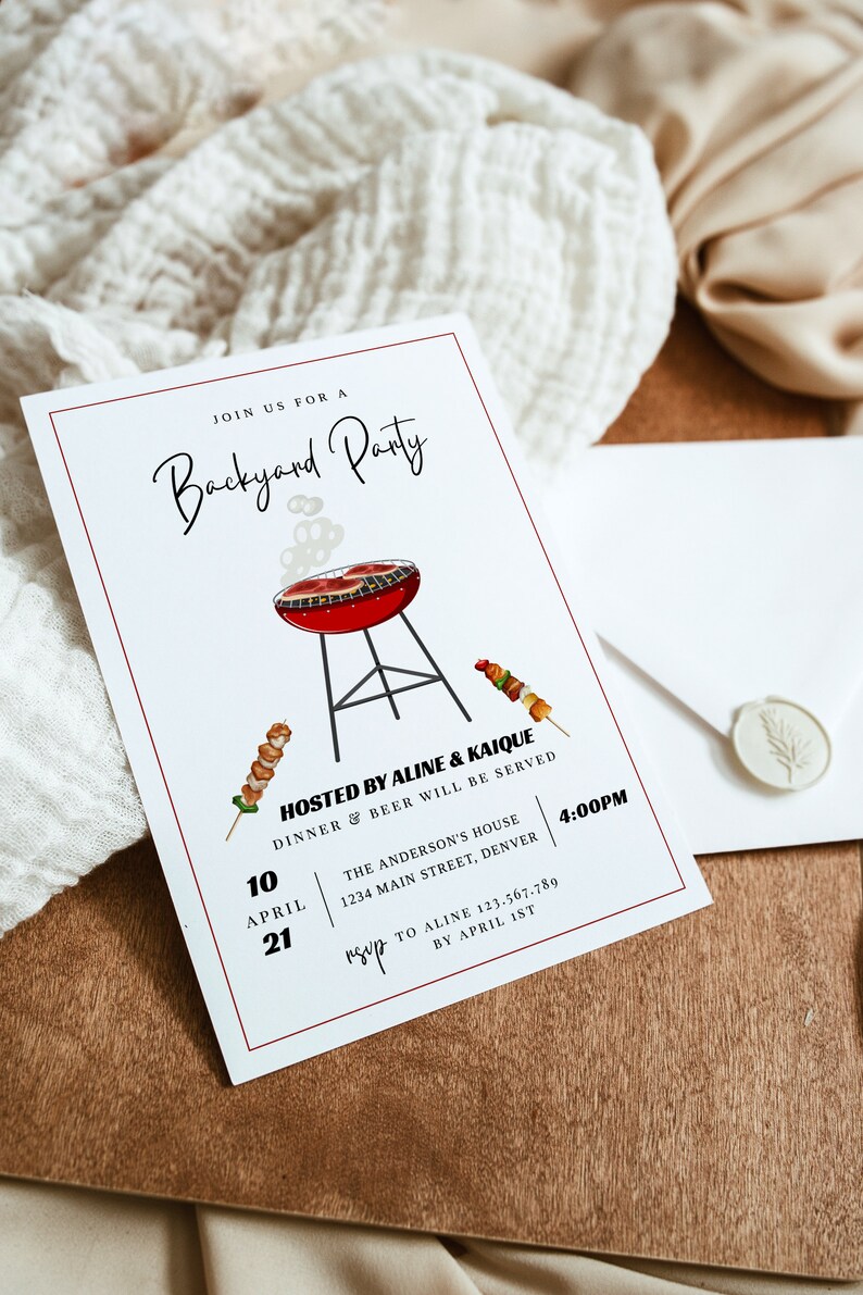 May include: A white invitation with a red border for a backyard party. The invitation features a red grill illustration, skewers, and the text "Backyard Party." Details include the date, time, and RSVP information.