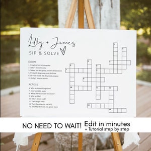 Custom Wedding Crossword Puzzle Template, Personalized Bridal Shower Crossword Game, Sip & Solve Wedding Game Download, Wedding Crossword