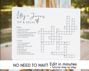 Custom Wedding Crossword Puzzle Template, Personalized Bridal Shower Crossword Game, Sip & Solve Wedding Game Download, Wedding Crossword