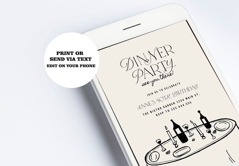 Pode incluir: Um convite digital para um jantar para celebrar o 40&ordm; anivers&aacute;rio de Anne. O convite apresenta uma ilustra&ccedil;&atilde;o em preto e branco de uma mesa posta com copos de vinho, velas e garrafas de vinho. O texto do convite diz "Jantar de festa te vemos l&aacute;!" e inclui a data, o local e as informa&ccedil;&otilde;es de RSVP.