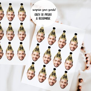 May include: A sheet of printable party hat stickers with a gold and black design. Each hat features a face cutout and the number "30" in black text. The text "surprise your guests! EASY TO PRINT & ASSEMBLE" is printed on the sheet.