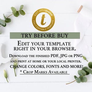 K&ouml;nnte beinhalten: Stilisiertes Bild mit dem Text &bdquo;TRY BEFORE BUY&ldquo;. Der Text ermutigt Benutzer, Vorlagen in ihrem Browser zu bearbeiten und die fertige PDF-, JPG- oder PNG-Datei herunterzuladen. Das Bild enth&auml;lt Eukalyptus und ein wei&szlig;es kaufm&auml;nnisches Und.