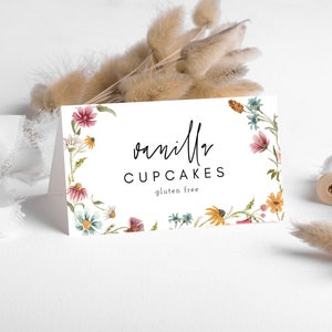 Kaartsjabloon wilde bloemen eten, kaartsjabloon wilde bloemen buffet, tentkaarten wilde bloemen, voedseletiketten babyshower, label vrijgezellenfeest bewerkbaar