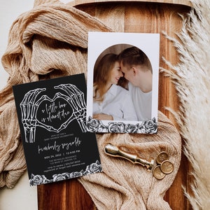 May include: A black and white baby shower invitation with a skeleton hand heart design. The text reads "a little boo is almost here" and "Kimberly Reynolds". The invitation includes the date, time, and location of the event.
