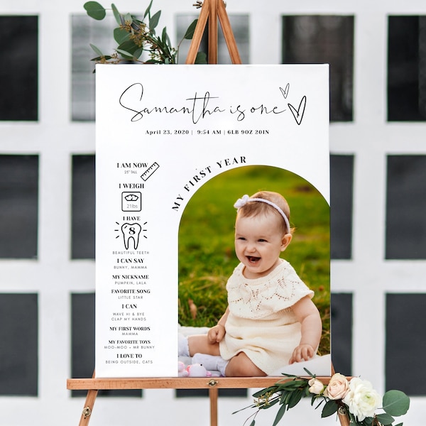 Editable Arch Photo First Birthday Milestone Board Template, Printable 1st Birthday Sign, Modern My First Year Poster, Instant Download