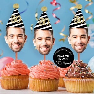 Photo Cupcake Toppers (30th, 40th, 50th, 60, 75) Digital File, Birthday Decor, 30th birthday for him decorations, Cupcake, Photo, ANY AGE