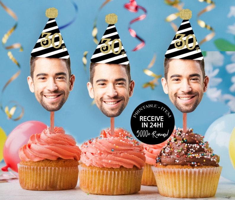 Photo Cupcake Toppers 30th, 40th, 50th, 60, 75 Digital File, Birthday Decor, 30th birthday for him decorations, Cupcake, Photo, ANY AGE image 1