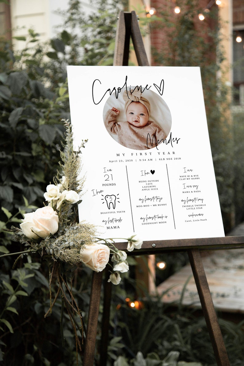 May include: A white sign with black text announcing a baby's first year milestones. The sign features a photo of a baby girl with a bow in her hair. The text includes the baby's name, birthdate, weight, and favorite things. The sign is on a wooden easel.