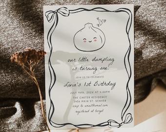 Invitación de cumpleaños con dumplings, invitación para baby shower con dumplings, invitación de cumpleaños con diseño de Bao, baby shower chino con diseño de Dim Sum y diseño de Evite dibujado a mano.