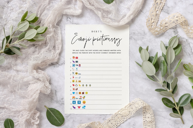 May include: A printable game card with the title "Dirty Emoji Pictionary". The card has a list of numbers 1 through 13 with emojis next to each number. The instructions read "Try and guess the dirty words and phrases written with emojis. The person with the most correct answers wins."