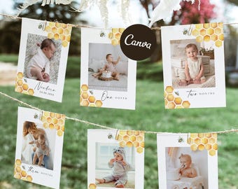 Bee First Birthday Photo Banner, 1st Birthday Photo Banner, Honey Bee Monthly Milestone Photo Cards, Sweet As Can Bee, First Bee Day Party