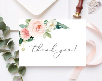 Thank You Card Template, Wedding Thank You Card, Folded and Flat, Instant Download, 100% Editable, Blush Pink Floral, Boho Wedding, DIY