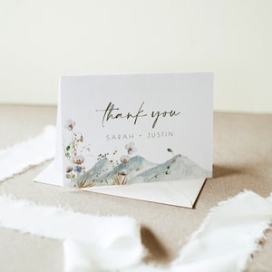 ARIA | Modèle de carte de remerciement pour mariage en montagne, fleurs sauvages carte de remerciement pliée et à plat, carte de remerciement pour mariage d'hiver bohème, modifiable, bricolage